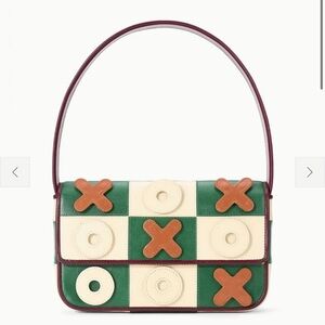 STAUD TIC TAC TOE BAG Green & Cream Checkerboard Shoulder Bag with Tan Accents